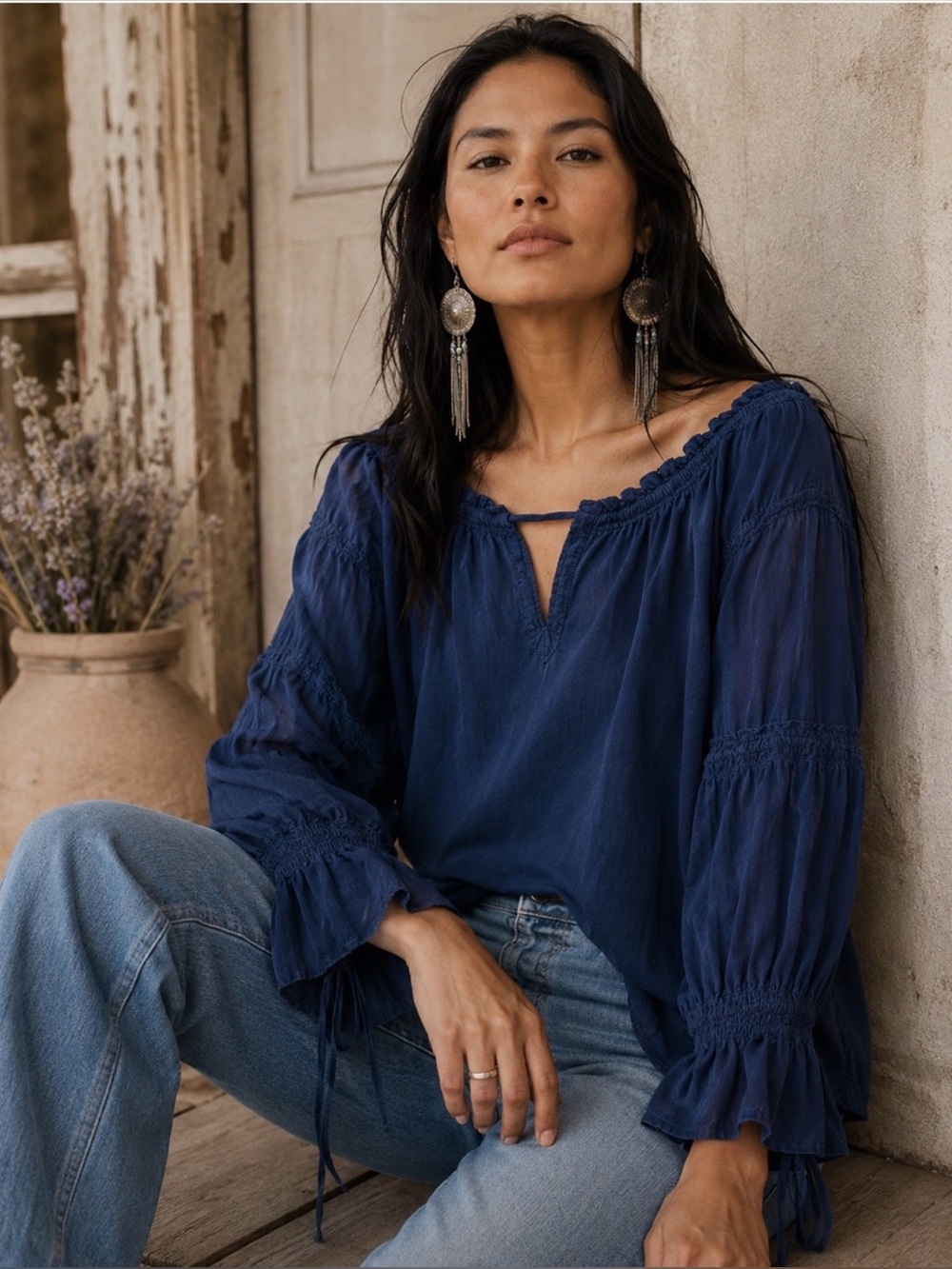 We the Free People Navy Blue Boho Spring Peasant Long Sleeve Blouse Top XS